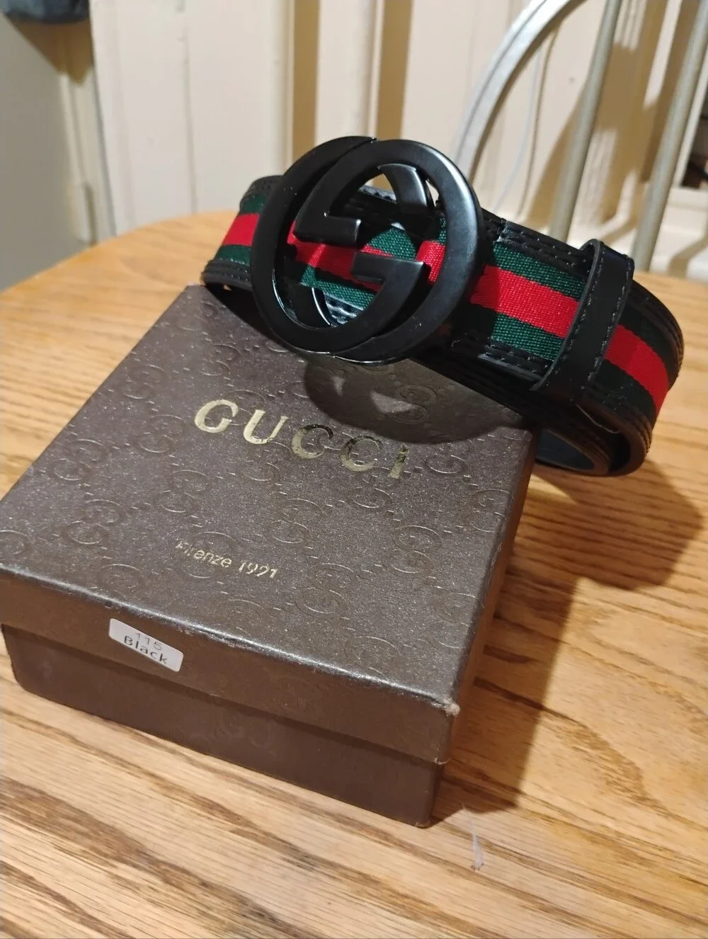 Gucci Men's Black Belt with Green and Red Web Stripe 46/115